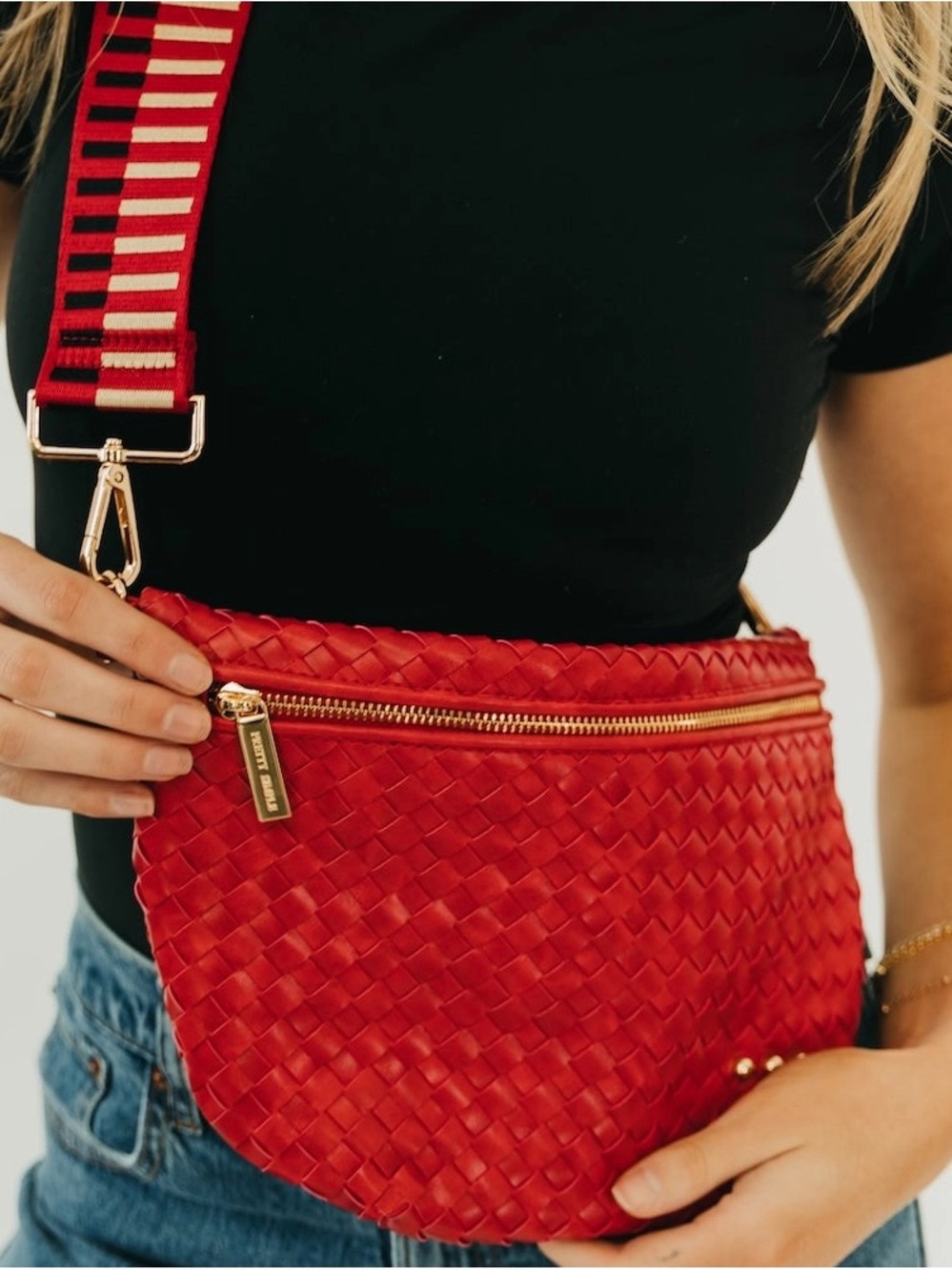 Pretty Simple brand Woven Red Crossbody Bag with Gold Hardware -
